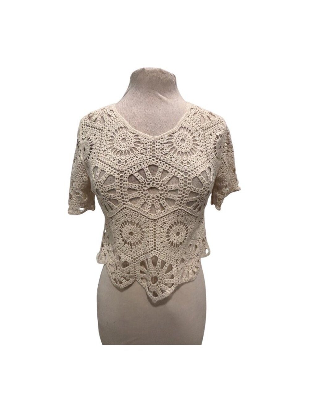 Rebellion Again Crochet Lace Top Cream 100% Cotton Boho Festival Scalloped Hem S - Picture 2 of 10